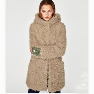 Zara Basic Women Faux Soft Fur Hooded Khaki Warm Coat